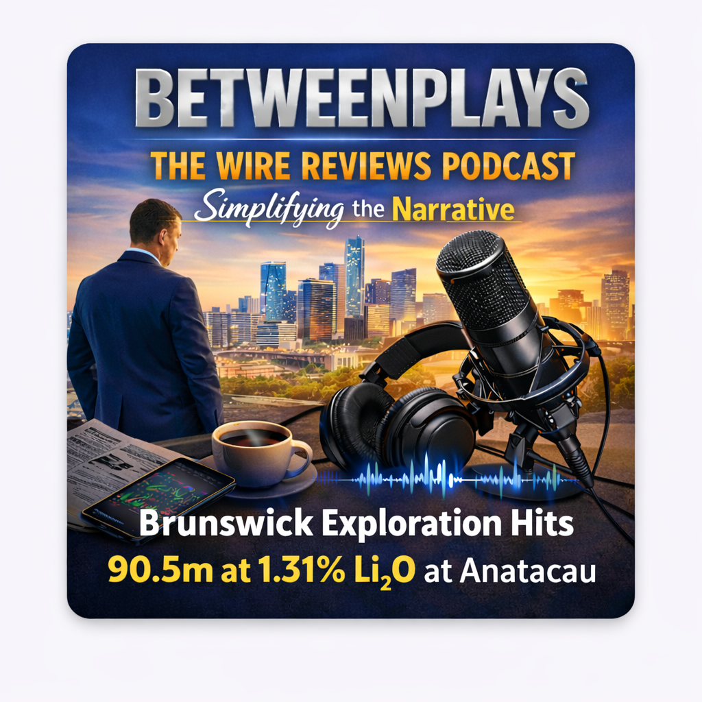 Podcast cover image for Betweenplays The Wire Reviews Podcast featuring a dramatic Quebec lithium exploration theme, drill core visuals, market-media styling, and headline text referencing Brunswick Exploration’s 90.5 metres at 1.31% Li₂O at the Anatacau Project.