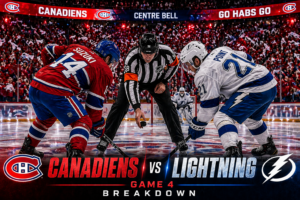 Montreal Canadiens vs Tampa Bay Lightning Game 4 faceoff with red and white jerseys at Bell Centre