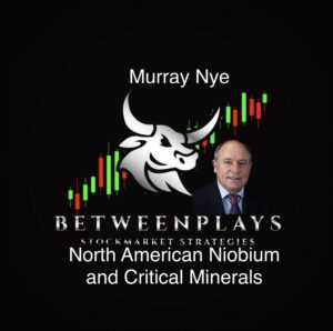 Promotional cover image for a Betweenplays interview with Murray Nye, featuring the Betweenplays bull logo, rising stock chart candles, and a portrait on a black background.