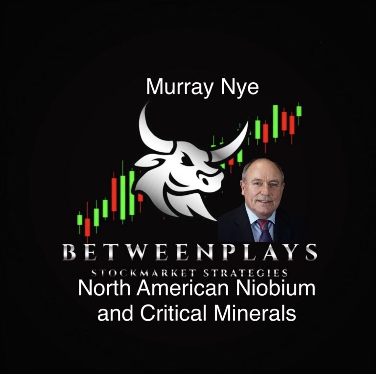 Promotional cover image for a Betweenplays interview with Murray Nye, featuring the Betweenplays bull logo, rising stock chart candles, and a portrait on a black background.