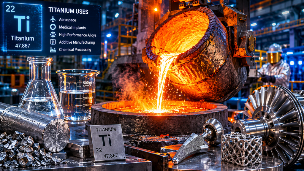 Molten titanium being processed in an industrial manufacturing facility, illustrating the transformation of titanium feedstock into high-performance materials used in aerospace, defense, medical, and advanced engineering applications.