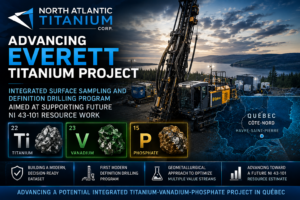 North Atlantic Titanium drilling rig at the Everett Titanium Project in Québec's Côte-Nord region as the company advances surface sampling and definition drilling to support future NI 43-101 resource work involving titanium, vanadium, and phosphate.