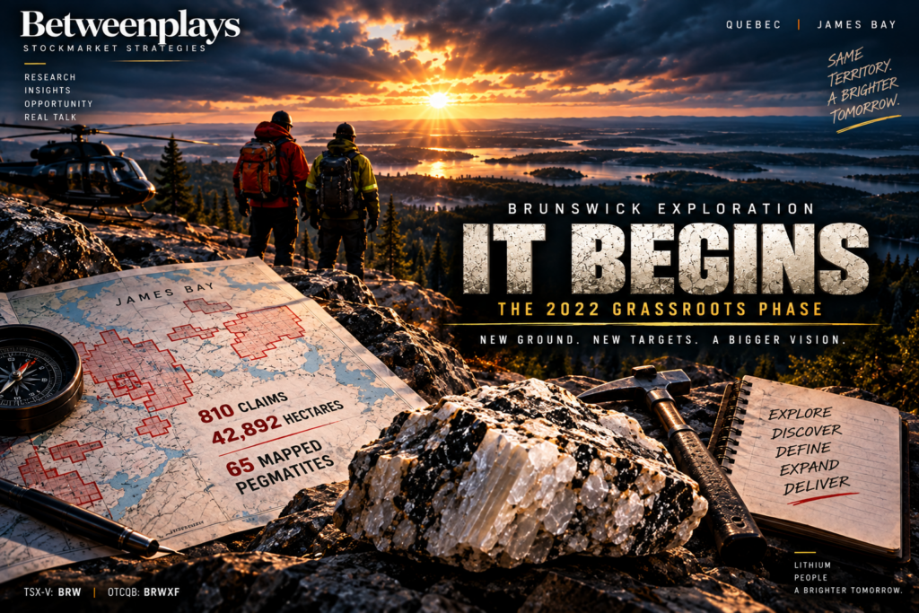 Brunswick Exploration 2022 grassroots lithium exploration in James Bay, Quebec, showing field exploration, mapped claims, pegmatite, helicopter access and the early-stage search that preceded the Mirage and Anatacau discoveries.