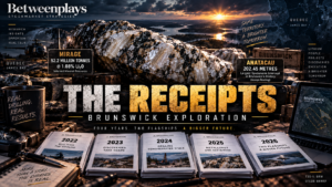 Cinematic Betweenplays graphic for “The Receipts: Brunswick Exploration,” highlighting the Mirage 52.2-million-tonne lithium resource and Anatacau’s 202.45-metre spodumene-bearing pegmatite intercept in James Bay, Quebec.