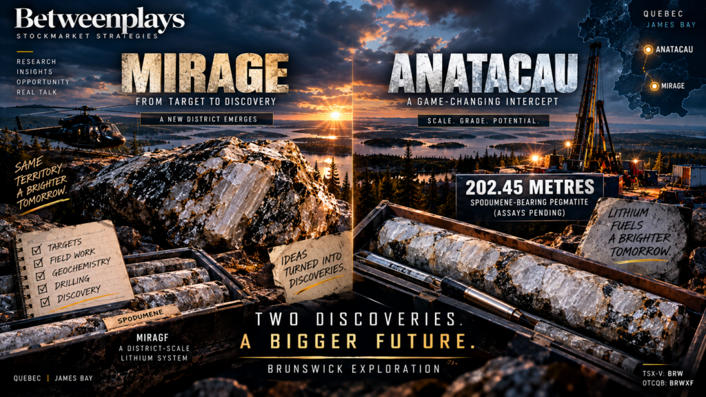 Cinematic Betweenplays editorial image showing Brunswick Exploration’s progression from the Mirage lithium discovery to the expanding Anatacau Main discovery in James Bay, Quebec, including the 202.45-metre spodumene-bearing pegmatite intercept.