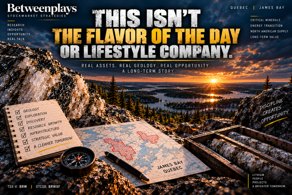 Betweenplays editorial image for Brunswick Exploration showing a James Bay lithium exploration landscape, pegmatite, drill core, geological mapping and the message “This Isn’t the Flavor of the Day or Lifestyle Company.”