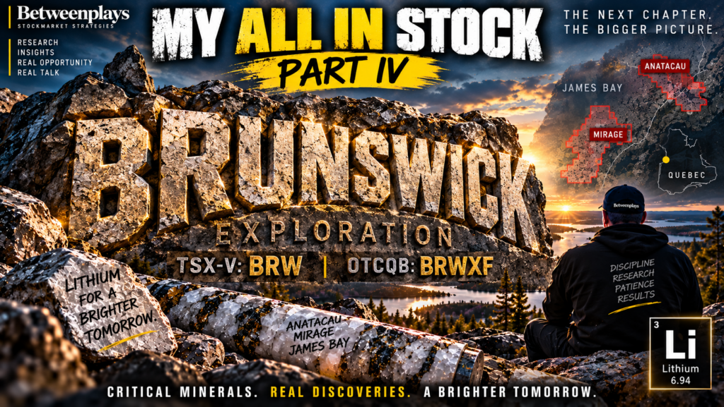 Brunswick Exploration My All In Stock Part IV graphic featuring the James Bay lithium projects Mirage and Anatacau, with TSX-V: BRW and OTCQB: BRWXF.