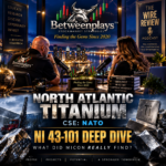 Betweenplays The Wire Review podcast cover featuring two hosts overlooking a nighttime city harbor, the Betweenplays bull and stock market candlestick logo, and North Atlantic Titanium (CSE: NATO) NI 43-101 Deep Dive.